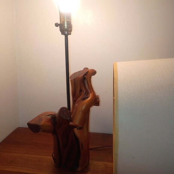 MID CENTURY Handmade Cypress Knee Table Lamp w Drum Lampshade 1950s *WORKS* - Picture 10 of 15